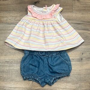 Striped Pink and White Kids Top with Denim Bubble Bottoms